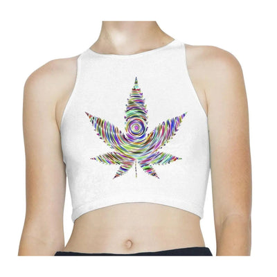 Marijuana Leaf Trippy Psychedelic Sleeveless High Neck Crop Top S / White