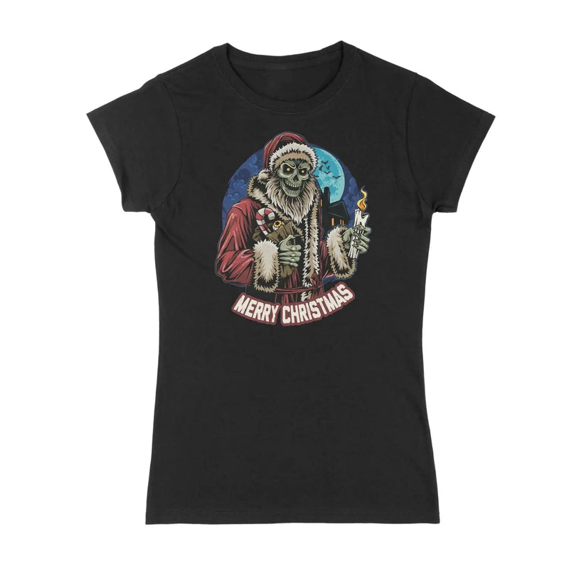 Merry Christmas Skeleton Santa Claus Womens T Shirt